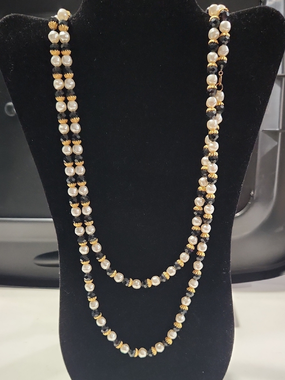 Vintage Pearl and Gold Necklace with Black Accents